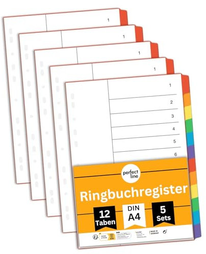 perfect line Ordner-Register DIN-A4, 12-teilig, 5er Set, Karton, MADE IN GERMANY