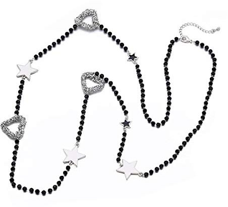 Collana di filo da donna, collana di perline di dichiarazione Collana lunga di catena in argento Collana di ciondolo cuore stella per regalo per ragazze (placcato argento)