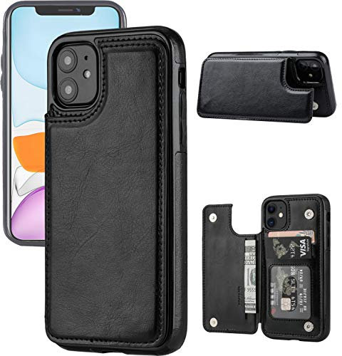 JOYAKI Schutzhülle für iPhone 11 mit Kartenhalter, Premium-PU-Leder, Ständer, Kartenfächer, Hülle mit kostenlosem Displayschutz, doppelter Magnetverschluss und langlebiger, stoßfester Abdeckung für