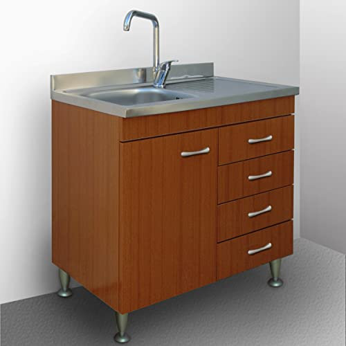 Yellowshop. - Mobile sottolavello cm 80 con cassettiera Completo di lavello Inox Serie Basic Colore Teak (Versione DX)