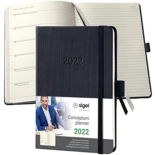 SIGEL C2215 Terminplaner Wochennotiz-Kalender 2022 - ca. A6 - schwarz - Hardcover - 176 Seiten - Gummiband, Stiftschlaufe, Archivtasche - PEFC-zertifiziert - Conceptum