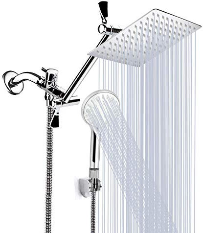 Pommeau de douche à haute pression de 25,4 cm avec bras d'extension de 27,9 cm, 9 réglages réglables anti-fuite avec support/tuyau, hauteur et angle réglables, chromé, Spa