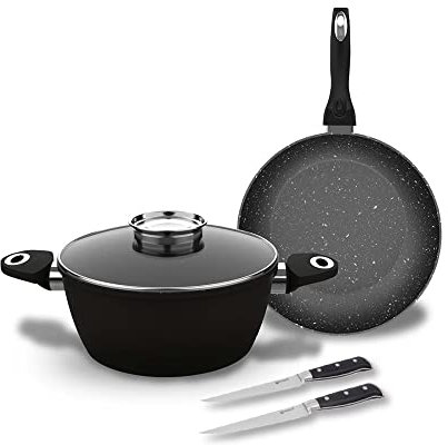 Laguiole - Set di 3 coltelli da bistecca Black Ston® a induzione + 2 coltelli da bistecca, 25 cm, colore: Nero