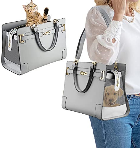 NewEle Modische Hundetasche für kleine Hunde mit Schultergurt, hält bis zu 4.5 kg, hochwertiges PU-Leder, Haustiertrage, Katzentasche, Welpenbörse für Reisen (Grau, kleine Größe)
