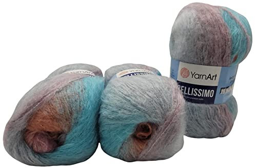 YarnArt 3 x 150 Gramm Bellissimo Strickwolle mit Mohair 1408, 450 Gramm Wolle mit Farbverlauf (türkis braun weiß 150g)