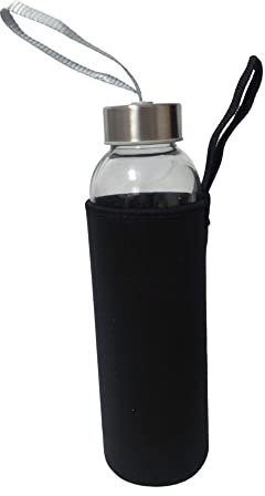 Wolke Glasflasche 500ml und mit Schutzhülle [5 FARBIG] Trinkflasche Glas Spülmaschinenfest bruchsicher und Kohlensäure geeignet - Wasserflasche Edelstahldeckel für Fitness, Arbeit, Schule, (Schwarz)