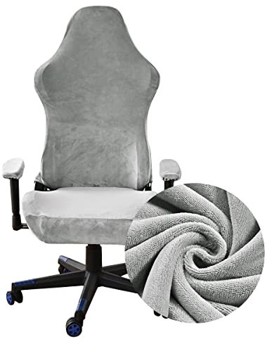 Lukery Housse de Chaise de Gaming Extensible, Couleur Unie Velours Couverture de Fauteuil de Rotatif Amovible Lavable, pour Chaise de Bureau Pivotante Ordinateur Universelle (Gris)