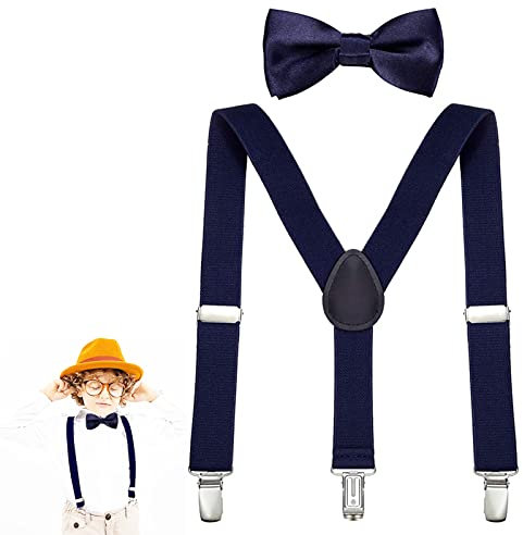 Butyeak Kinder Hosenträger Fliege Sets, Hosenträger Fliegen Set, Y-Form Einstellbar Hosenträger, Verstellbare Fliege und Hosenträger im Set für Jungen und Mädchen, Navy blau
