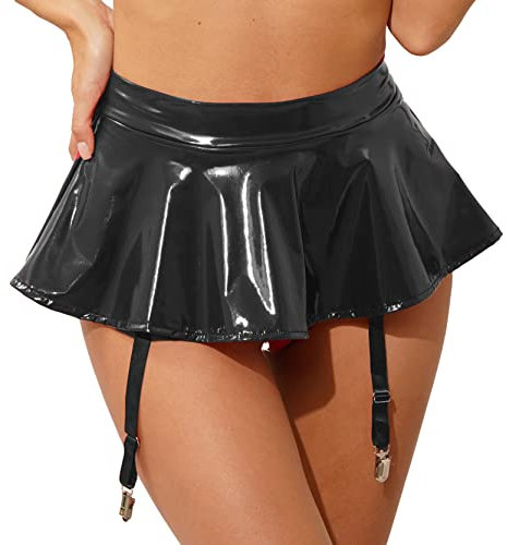 inlzdz Damen Wetlook Minirock Faltenrock mit Strumpfband Lackleder Tanga G-String mit Rüschenrock Metall Clips Party Clubwear Schwarz 4XL
