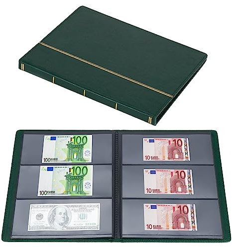 Fippy 60 Stück banknoten Album geldschein Album， Leder Papiergeld Sammelalbum Aufbewahrung Album für Banknoten Rechnungsstempel Aufbewahrung Display (Grün)
