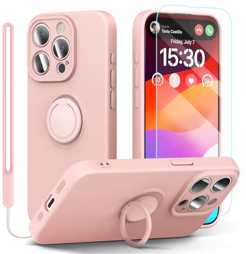 pcgaga Silicone Phone Case for iPhone 15 Pro with Screen Protector [Ring Holder Stand] [Wrist Strap] [Microfiber Lining] Slim Shockproof Protective Cover, 6.1, Pink