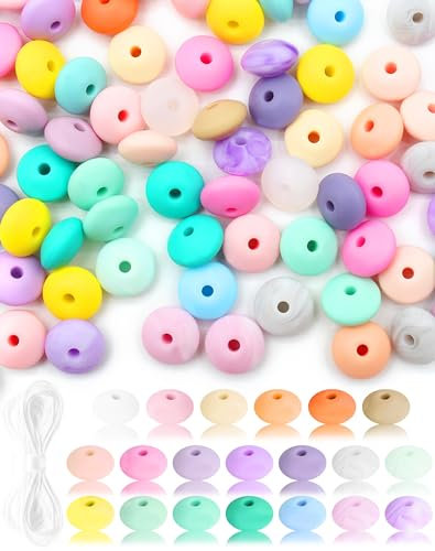 Cinvo 100 perline in silicone a forma di lenticchia, 12 mm, distanziatori sfusi con cordino da 5 m, per bracciali, collane, portachiavi, fai da te (kit di 20 perline color macaron) (BMKLGJZ)