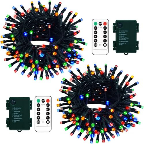 2 Stück LED lichterkette batterie, 5M 50 LED Grüner Draht Lichterketten außen mit Fernbedienung Timer, 8 Modi Weihnachten Lichter für Innen Hochzeit Weihnachten Deko(Multifarbe)