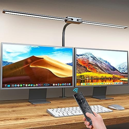 Lastar LED Desk Lamp with Remote Control & 32.5 Wide Double Head, Architect Desk Lamp for Home Office with Clamp, Timer, 24W Ultra Bright Gooseneck Desk lamp for Computer Reading, Black