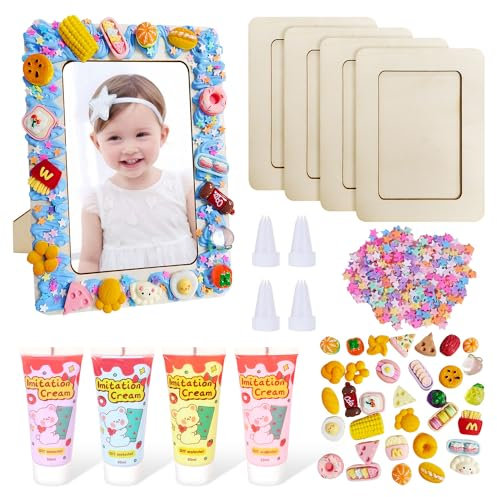 Suynauetev Bastelset Kindergeburtstag 4 Stück Holzbilderrahmen Kinder Bilderrahmen Bastelset Bilderrahmen Set Bilderrahmen Holz 14 * 19cm DIY mit 4 Cremekleber und Mini Food Zubehör für Kinder