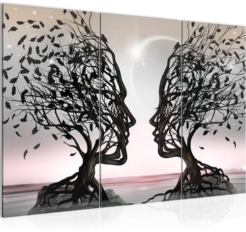 Runa Art Tableau Decoration Murale - Couple d'Amoureux - 3 Parties - Salon - 120 x 80 cm XXL - Gris Rose Abstrait Arbre - 044831b