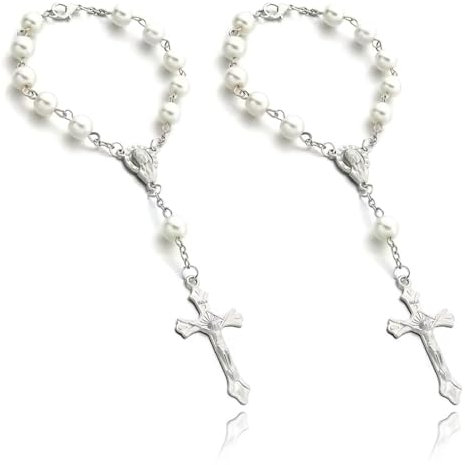 MenYiYDS 2 Pcs Rosenkranz-Armband, Auto-Rosenkranz, Rückspiegel, Anhängerspiegel, Kreuz, Rückspiegel-Anhänger, Auto-Ornamente, Innendekoration für Damen und Herren (Silber)