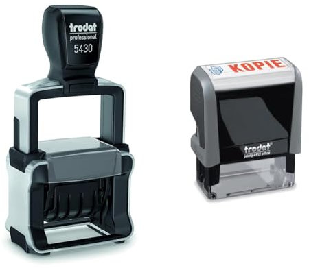 Trodat Professional Datumsstempel 5430/L & Office Printy 4912 selbstfärbender Textstempel, Text KOPIE, Abdruckfarbe blau-rot, 47 x 18 mm