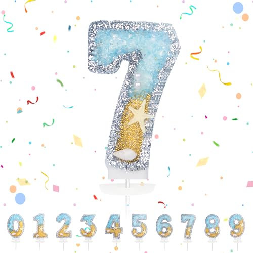 Geburtstagskerzen Zahlen, Meerjungfrau Geburtstag Kerzen 7, Zahlenförmige Kerze, 3D Tortendeko, kuchen Dekoration für Geburtstag Party, Hochzeiten, Firmenfeiern, Jubiläen, Birthday Candle Nummer