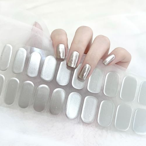 Silver Gel Nail Wraps - 20 Full-Cured Stickers, Glitter, Lasts 15 Days - No Lamp Needed