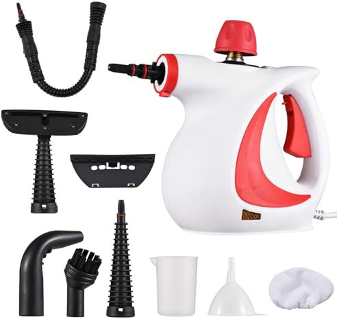 Vaporeta Limpiar con 9 Accessori, 1050 W Limpiador Vapor Desinfeccion Portátil, Limpieza Tapiceria Hogar de Mano, Manualidades para Quitar Manchas Sofas Alfombras Cortinas Cama Asientos Coche