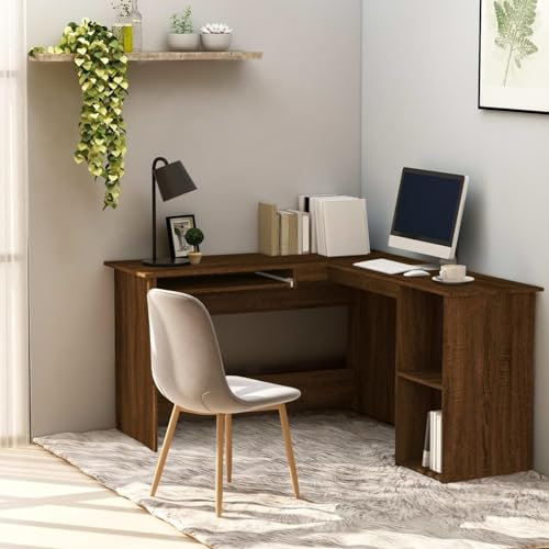 Homgoday Escritorio esquinero de roble marrón 120 x 140 x 75 cm, madera contrachapada, decoración, escritorio para ordenador, mesa de escritorio, escritorio Gaming para dormitorio, escritorio para