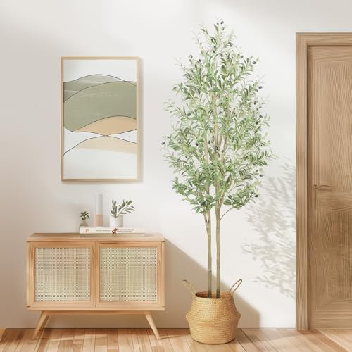 Alupssuc 7FT Olive Tree Artificial, Faux Olive Tree with White Pot, Fake Indoor Outdoor with Natural Wood Trunk & Lifelike Fruits, Perfect for Modern Home Office Living Room Floor Decor