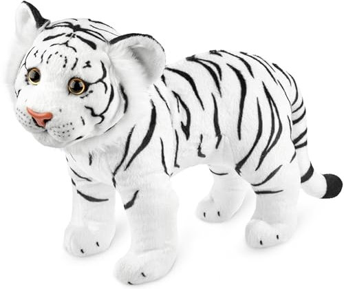 BRUBAKER Tiger Kuscheltier - 30 cm Stofftier - Baby Plüschtier Raubkatze Stehend - Kinder Plüsch Spielzeug - Weiß