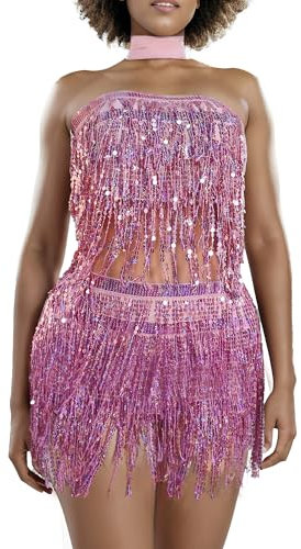 Baisdan 2 gonne con Paillettes e Frange, Gonna Scintillante per Festival per Donne e Ragazze, 2 Pezzi, Rosa, Taglia Unica