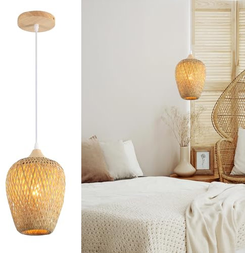 Schindora Suspension Luminaire Bambou Boho,Bois Lustre Salon Tissé à la main Vintage Cuisine lampe Décoration une-lumière Luminaires IntéRieur Pour Chambre Salon Couloir