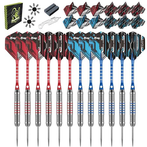 MageRabbit Dartpfeile mit Metallspitze 12pcs,22g Schwere SteelDarts mit 12 Dart-Schäfte + 24 Dart-Flights + Dart-Werkzeuge, Stahl-Dart-Set, professionelle Dartpfeile