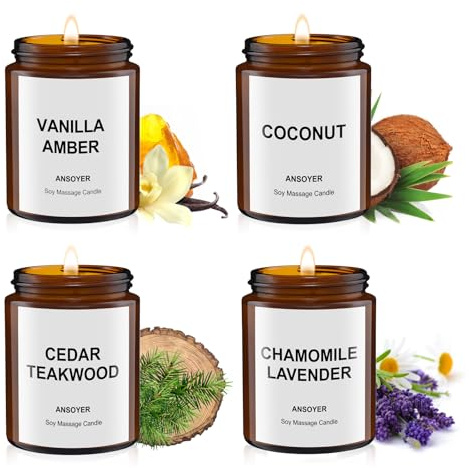 ANSOYER 4PCS Massage-Kerzen für Körperöl-Lotion - Geschenk-Set 512g (Frische Feigen, Kamille, Klassische Vanille, Thymian und Weißer Tee)