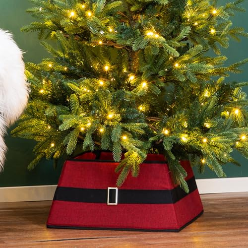 Christmas Tree Skirt Square Stand Base | Red & Black Plaid Folding Collar Basket | Durable Holiday Tree Cover Decoration | 48 x 48 x 25cm
