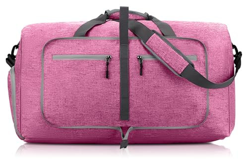 Reisetasche Groß Faltbar, 65L Reisetasche mit Schuhfach, Sporttasche Groß, Gym Duffle Bag, Saunatasche für Sport, Sporttasche Herren Damen, Reisetaschen für Camping, Reisen, Fitness (Rosa)