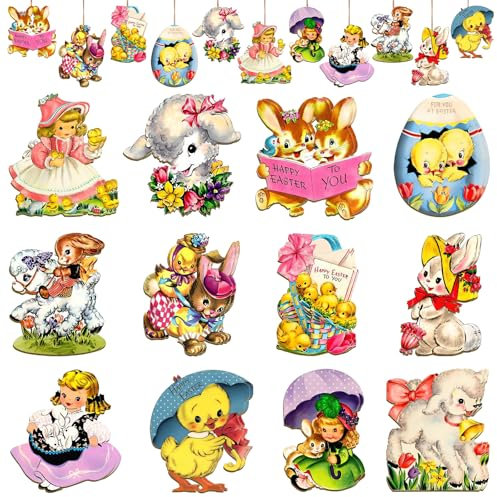 24PCS Easter Wooden Hanging Ornaments – Colourful Bunny, Egg, Duck & Doll Decorations with Hemp Ropes for Easter Tree & Home Décor