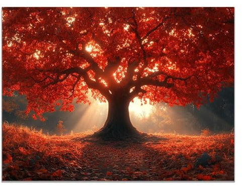BOHUO Tableau Decoration Murale Salon Moderne Grand, Arbre du coucher de soleil Tableaux Arbre De Vie,Impression Sur Toile,Decoration Murale Chambre Cuisine - 70x100cm Sans cadre(Rouge)