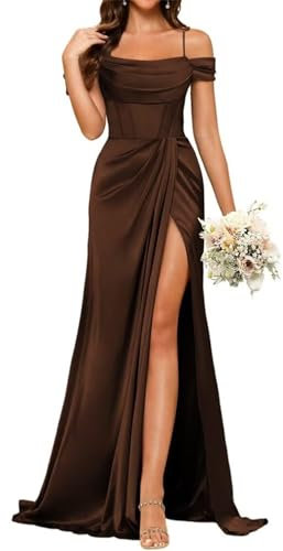 YIANN Robe de demoiselle d'honneur en satin avec fente et col bénitier et bretelles spaghetti pour femme, marron, 40