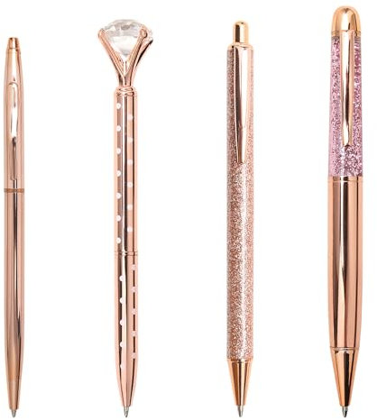 4Pcs Ballpoint Pens Set Rose Gold Personalized Bling Metal Pens Crystal Diamond Pen Retractable Pen Office Desk Accessories Work Leaving Gift Black Ink Ballpoint Pens for Girls Women Teachers Adults