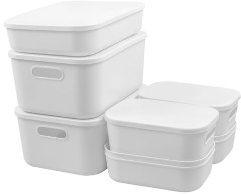 MaxEarn 9Stk 4 Größen Kunststoff Aufbewahrungsbox mit Deckel, 15L & 8L & 6L & 4L Kunststoffbox Organizer Box, Stapelbare Ordnungsboxen mit Griffen, Weiß Aufbewahrungskiste für Bad Küche Büro