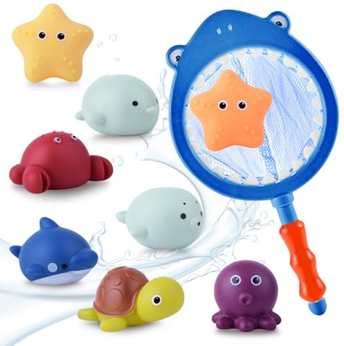 CutitiUU 9 Stück Badespielzeug Baby ab 1 2 3 4 5 Jahr,Wasserspielzeug Kinder Badewannenspielzeug Pool Spielzeug,Baby Badespielzeug,Ohne Loch Wasserspielzeug mit Fischernetz für Kinder