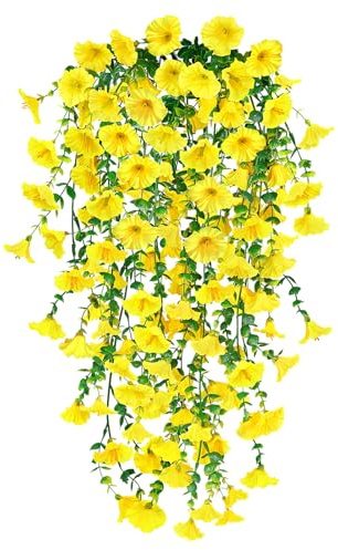 Epaing 2PCS Artificial Hanging Flowers, Artificial Plants Flowers Outdoor, Fake Petunia UV Resistant Artificial Trailing Plants for Hanging Baskets for Home Garden Indoor Outdoor Decor(Yellow)