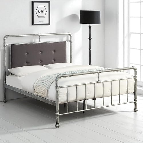OAT Home Shoreditch Scaffold Metal Bed Frame, Industrial Design, Distressed Silver Steel, Grey Upholstered Headboard, Double/King Size (Double)
