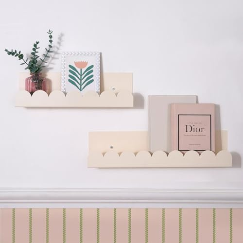 OHS Floating Shelves for Wall, 2 Pack Scallop Mounted Wall Shelf Decorative Display Shelves Storage Organizer Unit for Bookcase Living Room Bathroom or Bedroom, Cream