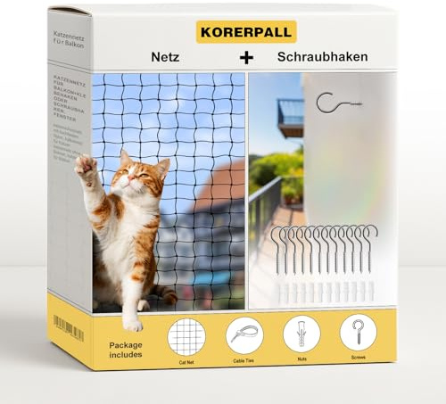 KORERPALL Cat Netting Balcony (with Adhesive Wall Hook), cat net 4X 3 M, Lightweight & Durable, Ideal for Catio protection and cat balcony netting cat patio netting (Netting+Wall screw,4x3m)