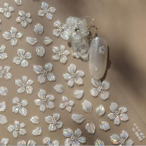 Floruvia Flower Nail Art Stickers, White Cherry Blossom & Crystal Shell Light Nail Decals, 5D Jelly Flower Stickers for DIY, Spring & Summer Nail Decorations
