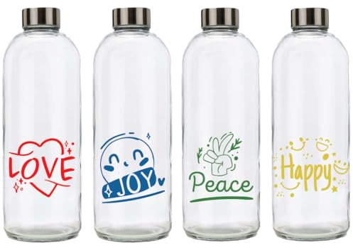 Bottiglie Vetro per Acqua 1 Litro Eos - Set 4 Love Joy Peace Happy | Bottiglie in vetro riutilizzabili, lavabili in lavastoviglie. Tappo a vite colore argento.