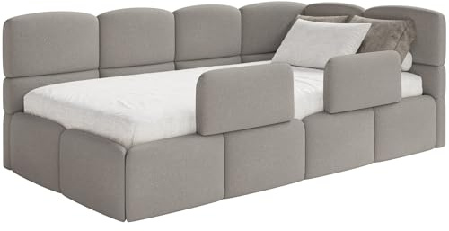 Selsey Jugendbett 120x200cm Hellbraun Chenille Stoff mit Stauraum und Lattenrost, Polsterbett mit Bettkasten, Kinderbett mit 2 Schutzbarrieren, Jugendbett rechtsseitig mit gepolstertem Eckkopfteil