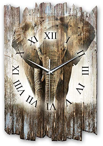 Kreative Feder Designer Wanduhr „Elefant“ aus Holz 40x27cm im Shabby Style Design - Designeruhr mit flüsterleisem Uhrwerk ohne Ticken (Elefant, leises Quarzuhrwerk)