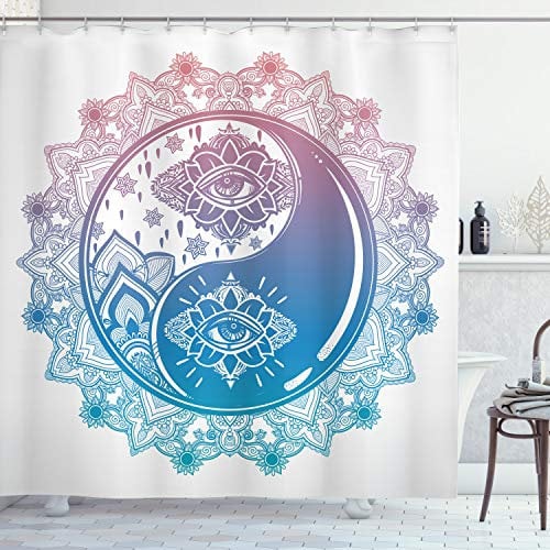 ABAKUHAUS Zen Duschvorhang, Ying Yang Mandala Asian, Stoffliches Gewebe Badezimmerdekorationsset mit Haken, 175 x 180 cm, Pink Blau