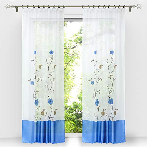 HongYa 1 Stück Voile Gardine Schal mit Kräuselband Transparenter Vorhang Bestickter Fensterschal H/B 175/140 cm Blau